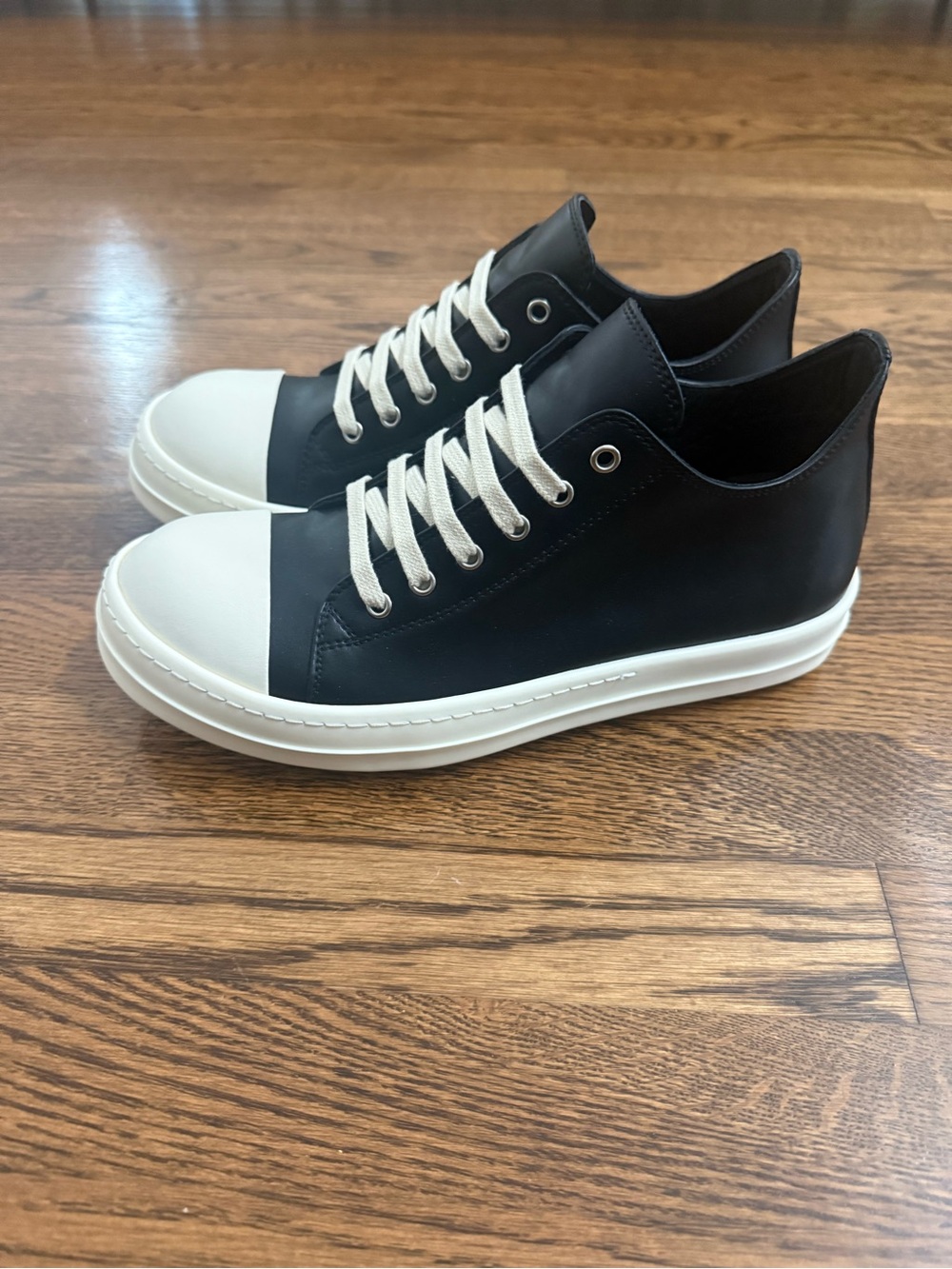 Rick Owens Ramones Black Leather Sneakers with White Toe and Laces - Picture 2 of 9